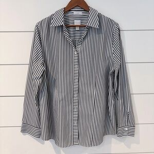 Chico’s No Iron Striped Button Shirt XL Classic Monochrome Office Clean Girl